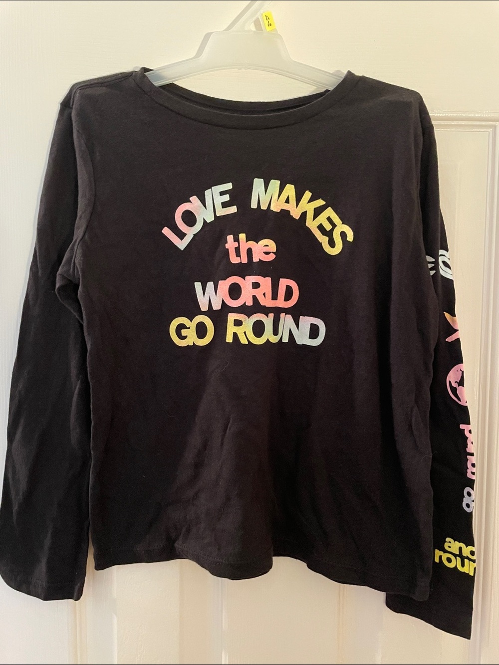 Black Kids' Long-Sleeve Tee with Rainbow 'Love Makes the World Go Round' Graphic